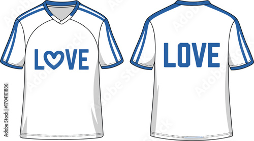 LOVE heart print t-shirt design, front and back view, romantic sportswear, modern jersey mockup, casual clothing, valentine theme, trendy fashion, apparel template.