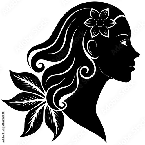 Woman profile silhouette with floral hair adornment