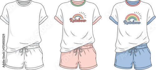Cute summer outfit illustration, rainbow t-shirt and shorts set, casual wear, pastel colors, trendy fashion, comfy clothes, stylish design, kids clothing mockup, outfit set.