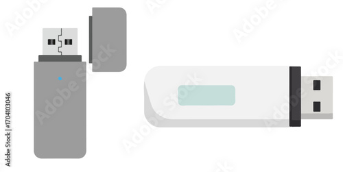 Two usb flash drives one gray standing and the other white laying down on a white background design