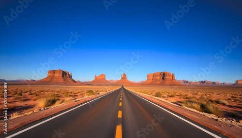 An empty highway stretches towards the iconic red rock buttes of Monument Valley in the American Southwest.