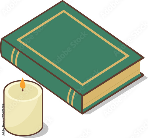 Green hardcover book and lit candle in isometric view
