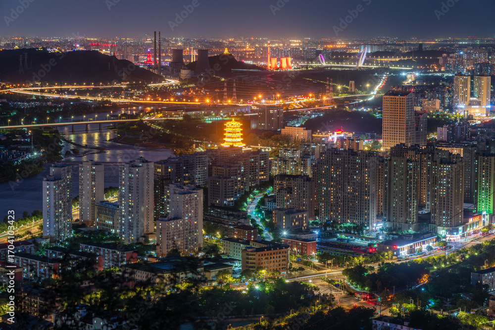 Naklejka premium Overlooking Bejing Mentougou district and Yongding river at night
