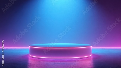 Beautiful photo of vibrant photo of empty light podium with neon on abstract background with copy space. Modern platform for product placement or montage, promotion, mock up.