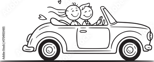 Happy Couple in Convertible: A joyful couple, depicted in a cartoon style, embarks on a romantic journey in a classic convertible, embodying carefree happiness and the spirit of love and adventure.