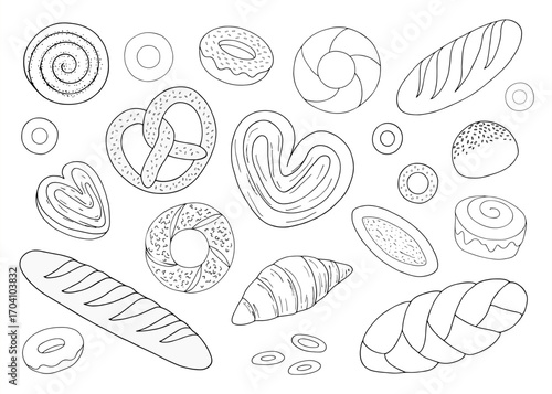 Set of vector illustrations, bakery products, doodle style. Hand drawn loaf, baguette, donut, various buns with sesame seeds, pretzel, simit, croissant, bagel.