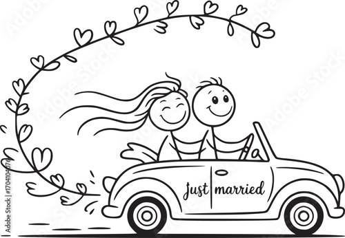 Just Married Love Ride: Charming cartoon couple joyfully embarks on a just married adventure, cruising in a vintage car with a delightful floral embellishment