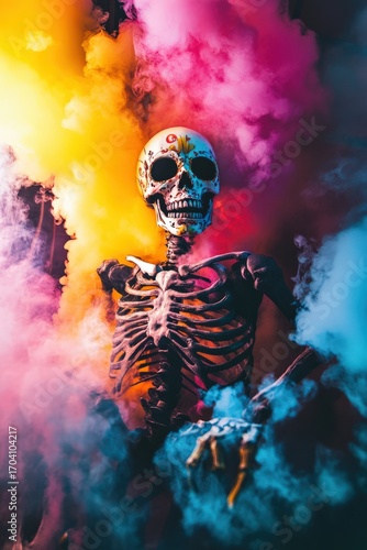 Terrifying skeleton appears in the mist creating a chilling halloween scene Halloween celebration concept
