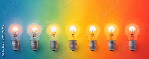 Row of glowing light bulbs on a colorful gradient background