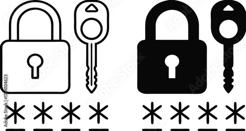 Password Icons. Black and White Vector Illustrations. Padlock, Key, and Hidden Code. Secret Combination of Numbers, Letters, and Symbols to Access Data. Data Security and Protection

