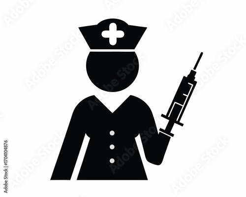 Nurse with syringe icon  silhouette vector isolated on white background