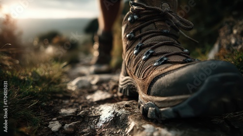 Hiker's boot on rocky trail during sunset in mountainous terrain, showcasing nature exploration and outdoor adventure