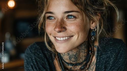 Smiling woman with tattoos and piercings enjoying a cozy atmosphere in a rustic setting