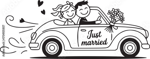 Just Married Couple on the Car: A newly married couple, depicted with simple line art, joyfully embarks on their honeymoon in a classic car.