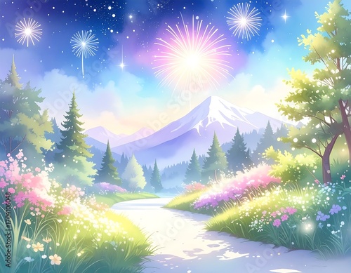 Pastel landscape with fireworks and mountains