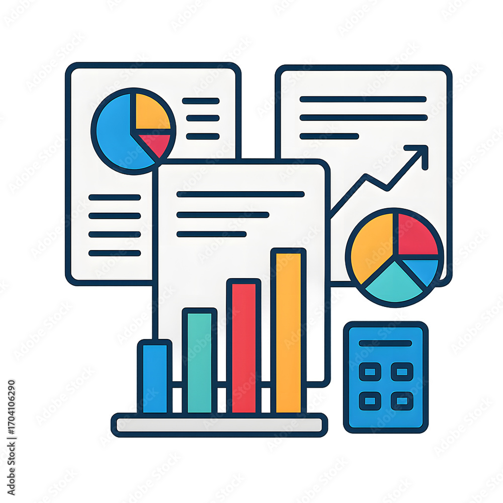 Obraz premium Dashboard Icon with Bar Charts, Pie Charts, Calculator, and Document Elements, Flat Vector Style in Blue and Yellow for Analytics and Reporting