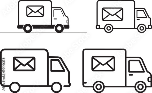 Four delivery trucks with mail envelope silhouette