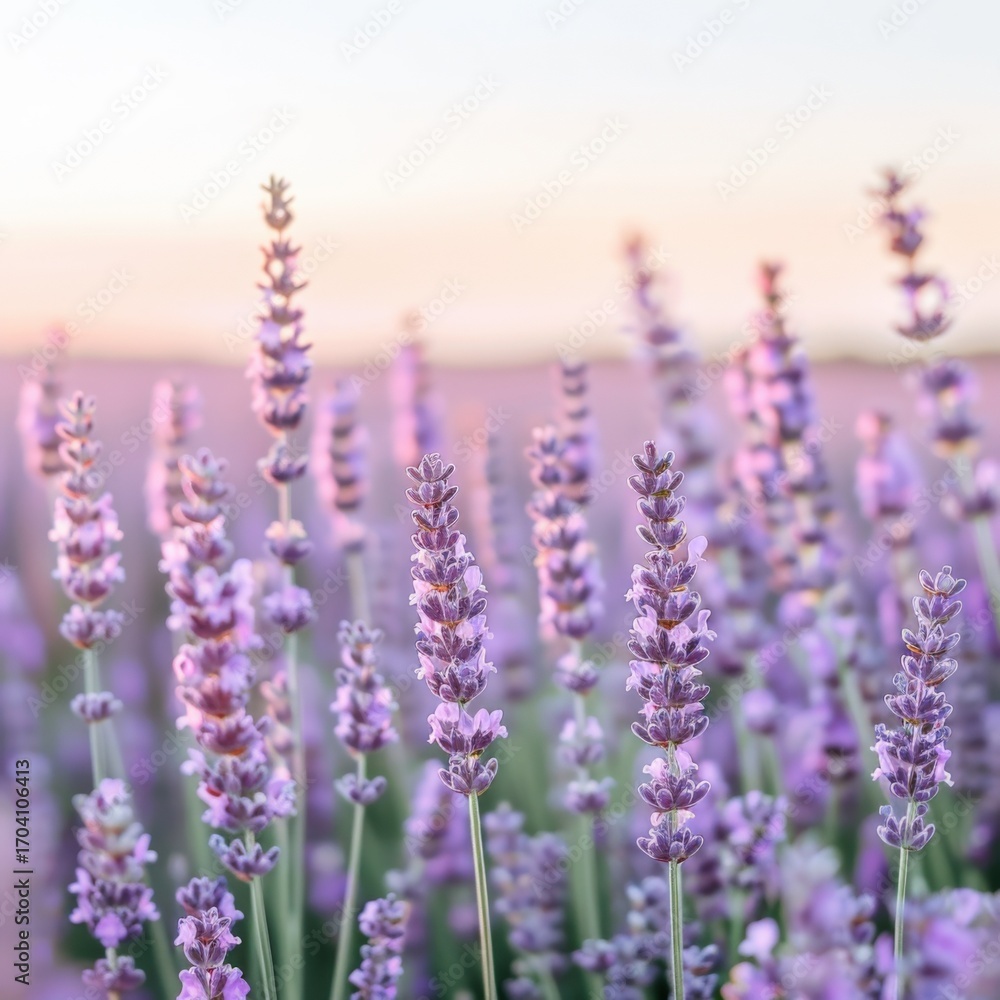 Obraz premium Blooming lavender field at dusk with soft pastel tones