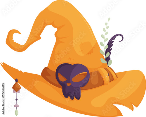 Whimsical Hat with Skull Ornament, Decorated with Feather and Hanging Ornament.