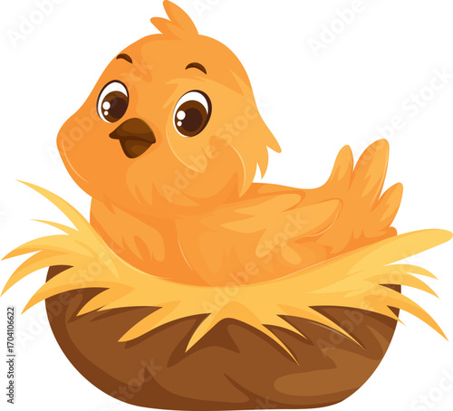 An Adorable Chick Nestled Comfortably In A Simple Nest, Cartoon Style.