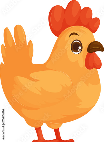 Cartoonish Chicken Illustration with Orange and Red Tones, Soft Shading, and Simple Design.
