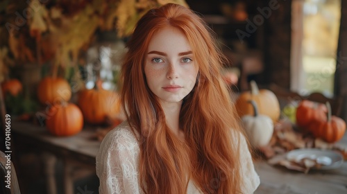 A young woman with long red hair sits warmly in a wooden setting adorned with autumn decorations