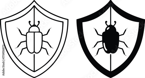 Antivirus Icons. Black and White Vector Illustrations. Shield and Bug. Malware Detecting and Neutralizing Program. Data Security and Protection Concept

