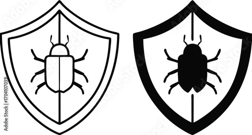 Antivirus Icons. Black and White Vector Illustrations. Shield and Bug. Malware Detecting and Neutralizing Program. Data Security and Protection Concept

