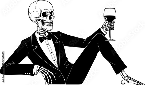 Vector Art Skeleton Drinking Wine on White Background
