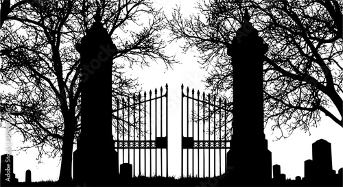 Silhouette of a graveyard gate with dead trees isolated on white background
