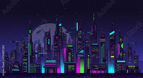 A vibrant cyberpunk cityscape at night, showcasing futuristic architecture illuminated by neon lights under a large moon and starry sky, creating a digital art piece