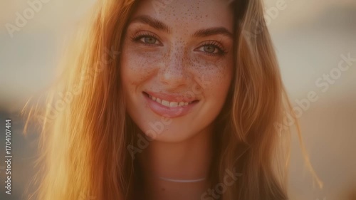 Golden hour close-up of flowing blonde hair and a delicate choker, soft breeze and warm sunset tones.