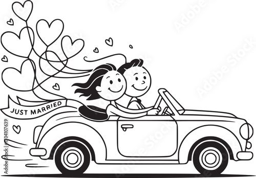 Just Married Couple's Joyride: A delightful black and white illustration depicts a newlywed couple embarking on their journey together, joyfully cruising in a classic convertible.