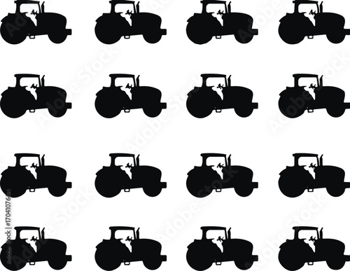 Black tractor silhouette pattern with driver figure, farming machinery icon set, agricultural vehicle grid, rural transport illustration, vector design