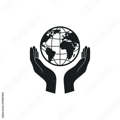 A single hand holds a glowing blue globe, symbolizing global environmental care and protection