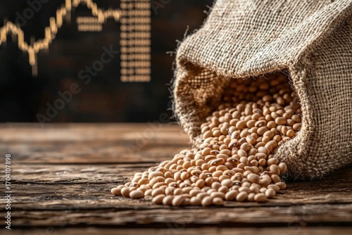 Burlap sack of soybeans spilling on wood with commodity price chart in background