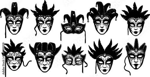 Black carnival masks with intricate designs, ideal for celebration The masks are isolated on white background
