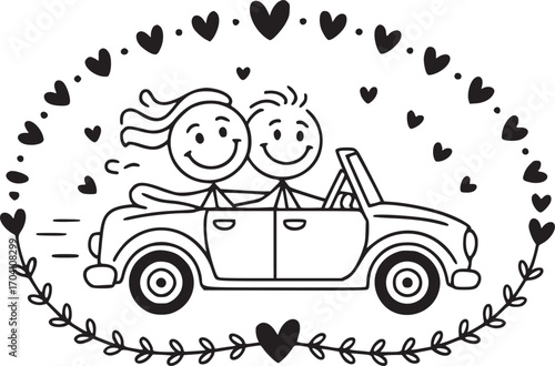 Romantic Drive: Joyful cartoon couple on a road trip, symbolizing love, adventure, and togetherness, driving a classic car framed by hearts and a floral border.