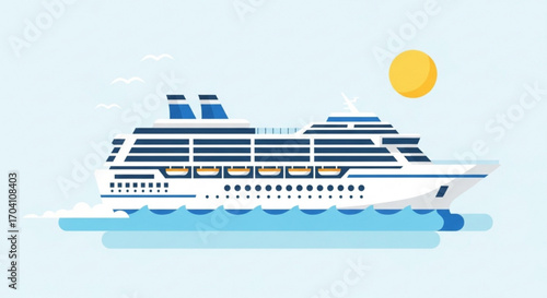 Illustration of a cruise ship sailing on the ocean, perfect for travel, vacation, and tourism themed designs and illustrations