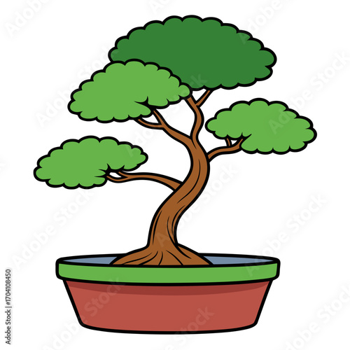 A detailed illustration of a miniature bonsai tree, artfully cultivated within a decorative pot.