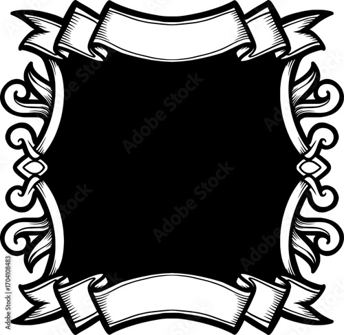 featuring a vintage frame ornament design with top and bottom ribbons for adding text