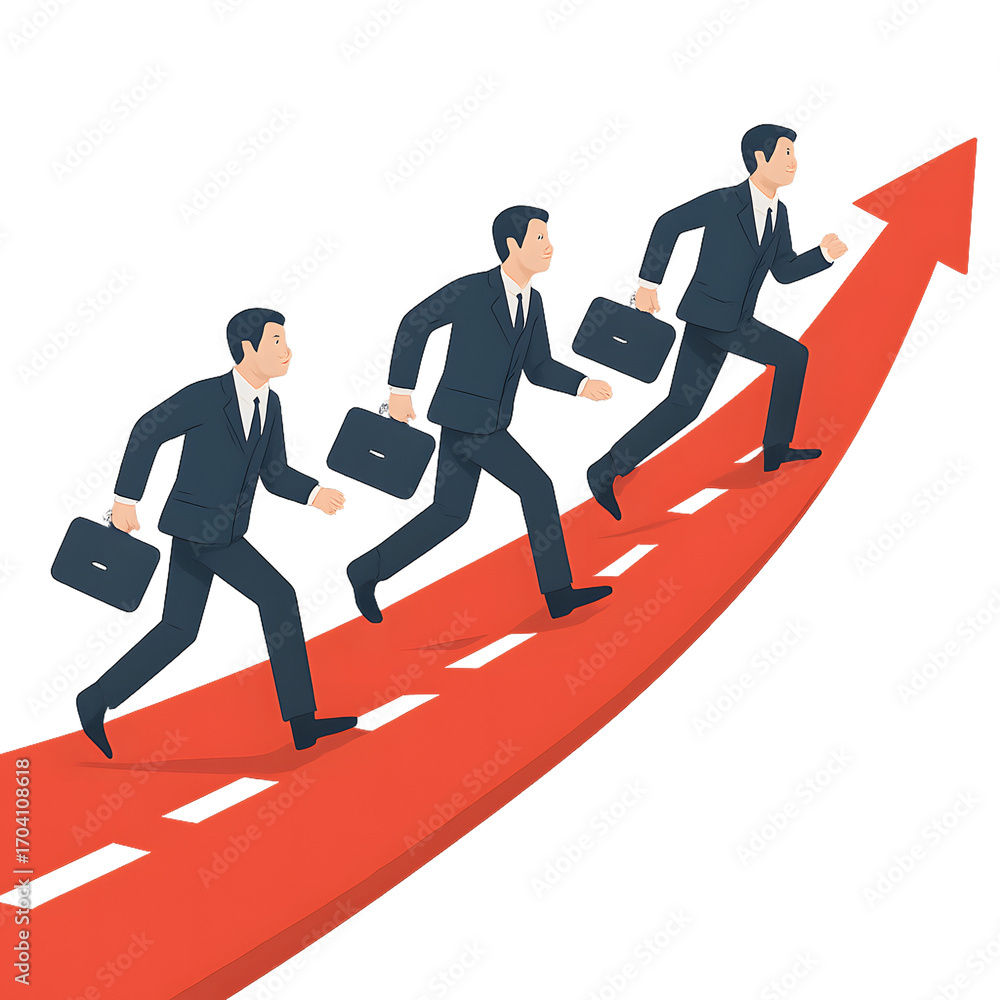 Obraz premium Three businessmen in suits running up a red arrow graph