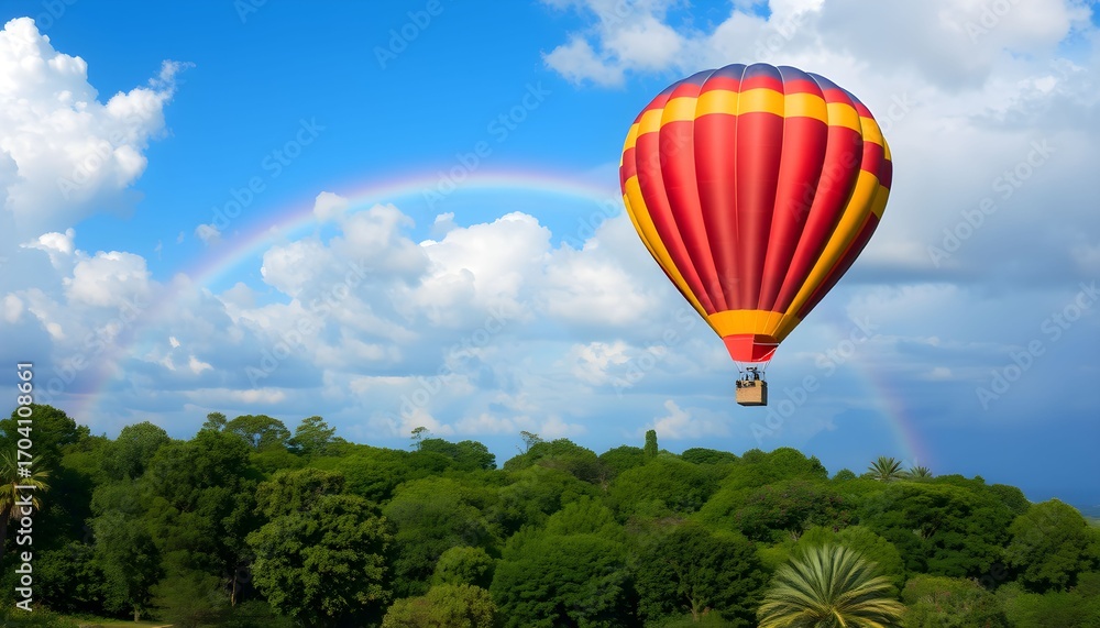 Naklejka premium A colorful red and yellow hot air balloon soars through a blue sky with a rainbow over a lush green forest.
