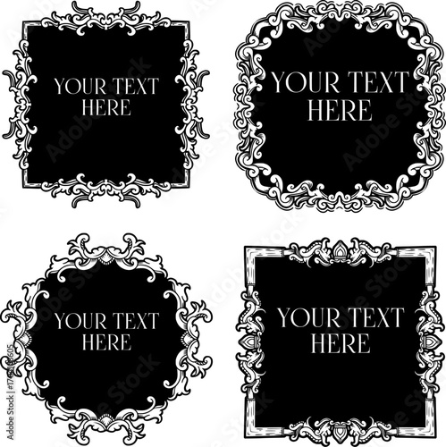 featuring four premium ornamental frame designs with empty space in the middle for adding text