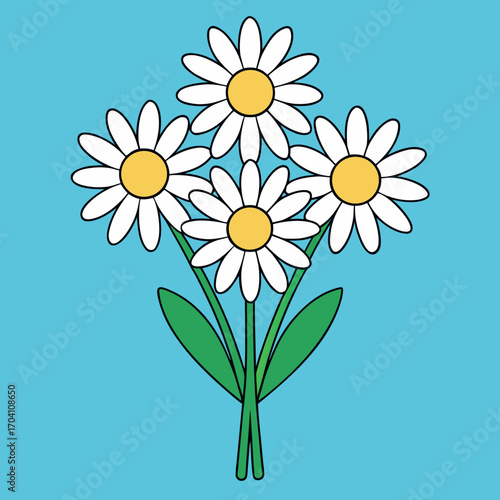 A charming arrangement of four daisies with bright white petals and sunny yellow centers, a visual delight for any occasion.