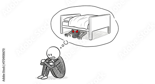 Scared person imagining monster under bed. Childhood fear, anxiety, and hidden psychological fears concept. Hand-drawn doodle illustration.