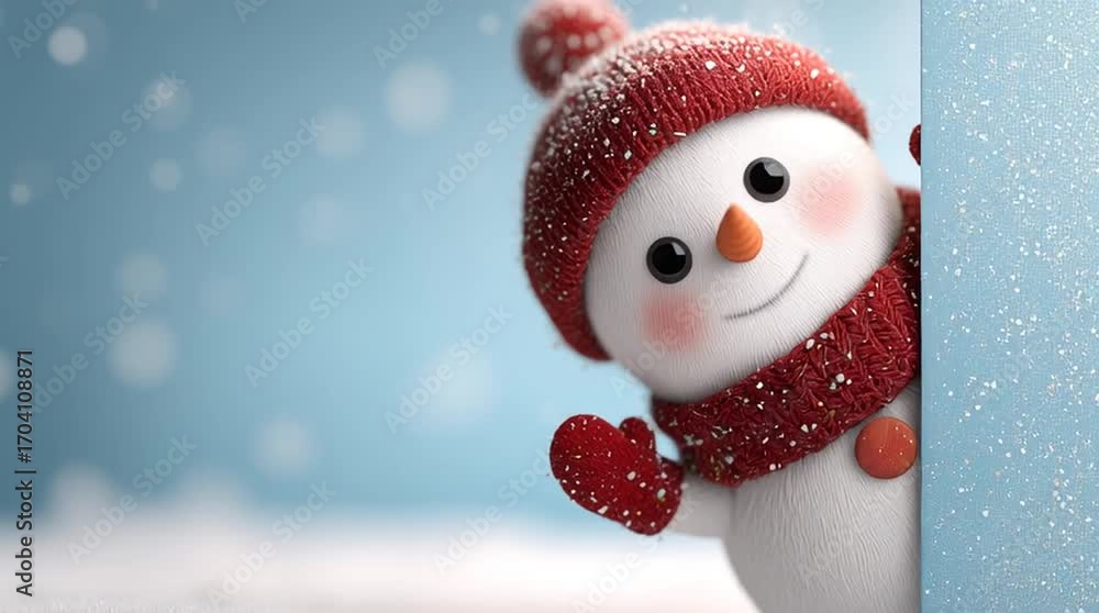 Cheerful snowman wearing red scarf and hat enjoys cold winter days in ...