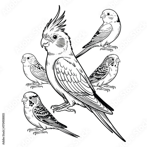 Birds line drawing sketch illustration budgie cockatiel sparrow portraits black and white hand drawn vector