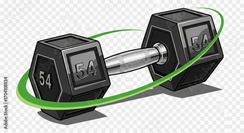 Illustration of a 54pound dumbbell with a green motion trail, representing fitness, strength training, and exercise