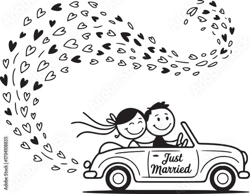 Newlywed bliss: This illustration captures the magic of a joyous wedding moment with a newly married couple driving off in a classic car.